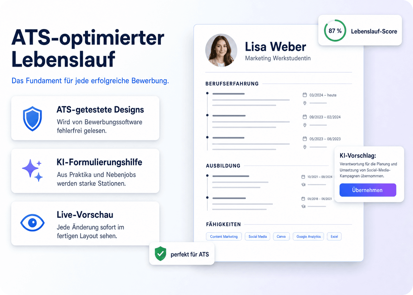 ATS-optimierter Lebenslauf im Editor mit Lebenslauf-Score und KI-Vorschlag